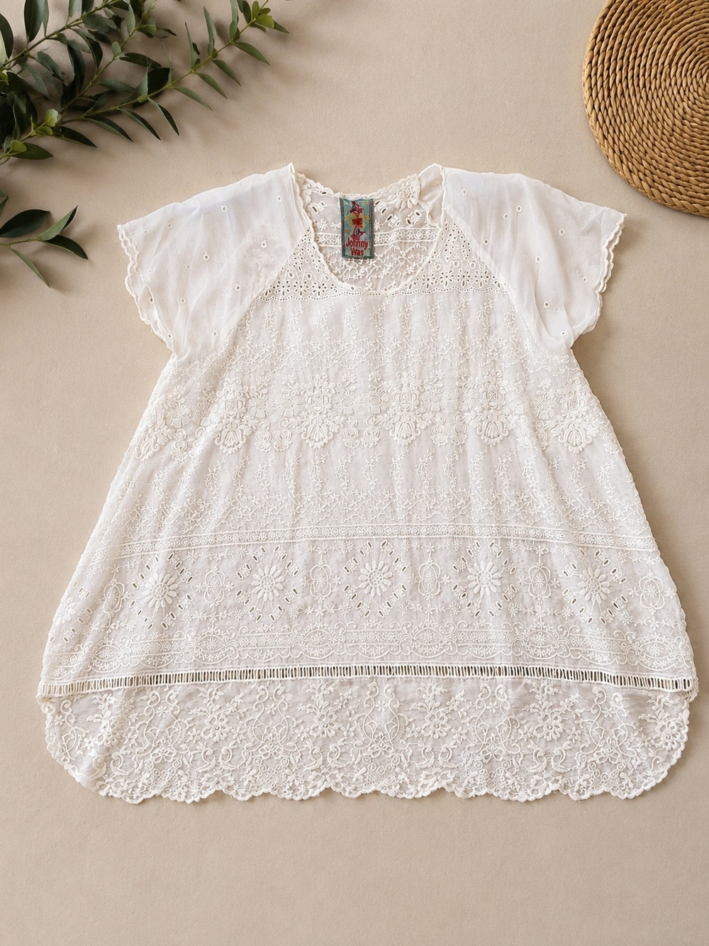 Johnny Was Sutera Embroidered Lace Tunic Top White Boho Size M